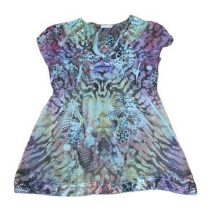 UNITY WORLD WEAR Sz XL Purple Teal Tiger Tie Dye Fairy Whimsy Boho Blouse Top